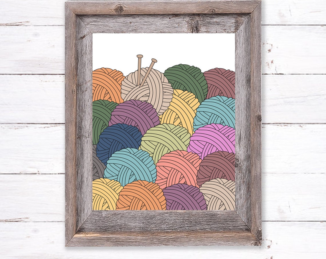 Colorful Yarn Balls with Knitting Needles Craft Room Wall Art
