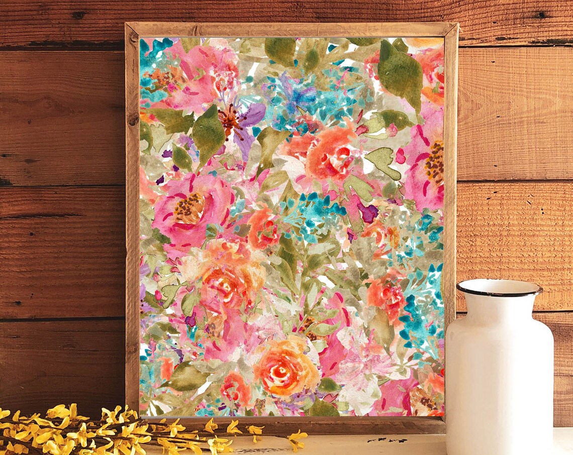 Abstract Watercolor Floral in Pink Coral and Teal Botanical Wall Poster