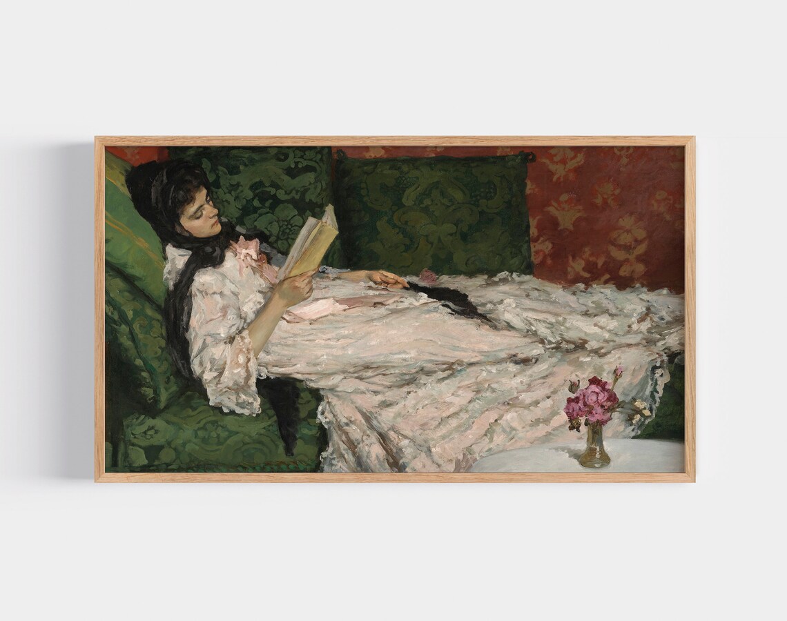 Victorian Oil Painting Woman Reading Chaise Lounge Classic Poster