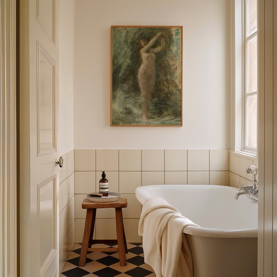 Green Tones Standing Nude Woman Impressionist Antique Painting Wall Art - Image 4