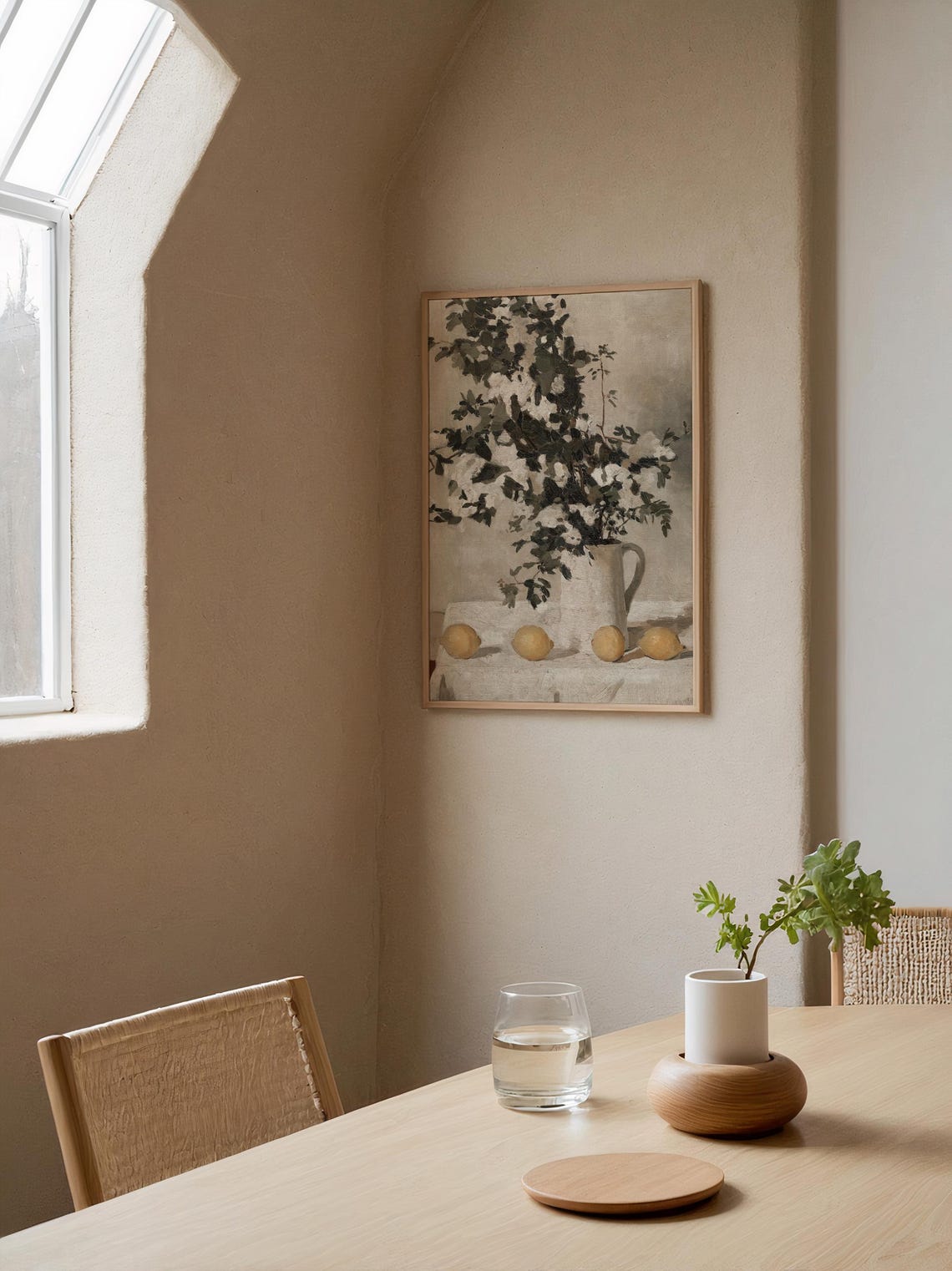 Vintage Still Life Painting Lemons White Pitcher Blossoms Wall Art - Image 3
