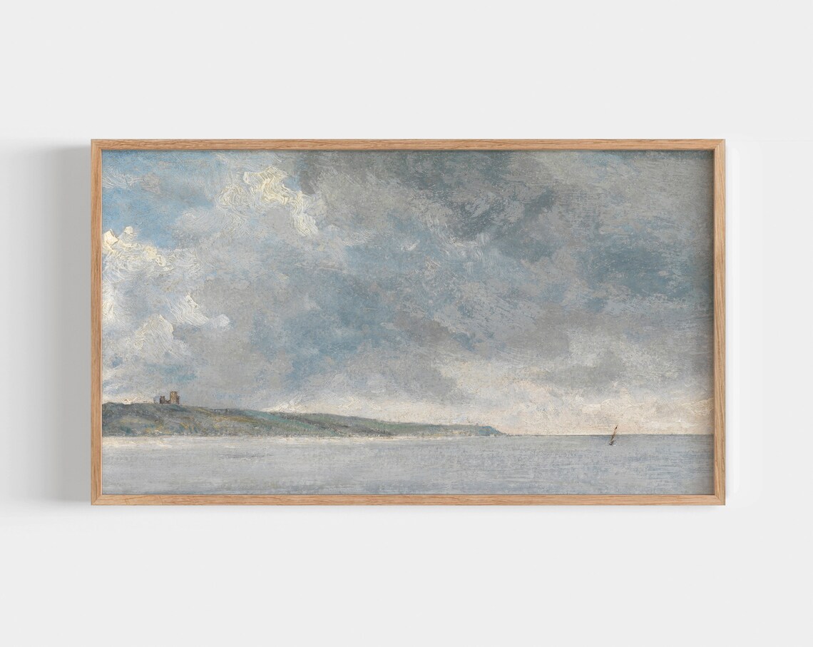 Moody Blue Gray Seascape Dramatic Clouds Sailboat Oil Art Poster