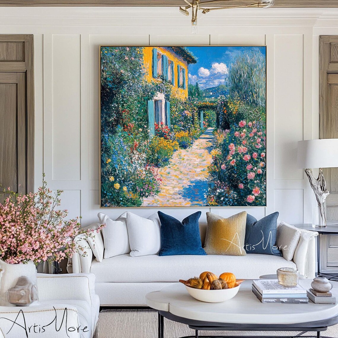 Original Garden Painting Flower Texture Painting On Blue Yellow Wall Art Abstract Flower Art Fashion Decor Luxurious Floral Art - Image 4