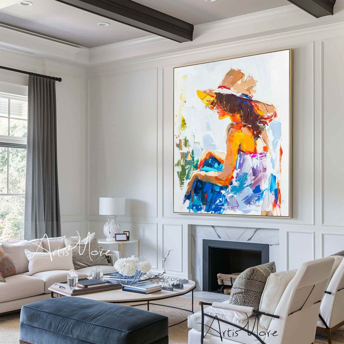 Minimalsit Figure Wall Art Colorful Woman Tan Skin Thick Texture Art Painting Summer Female Figure Painting Boho Living Room Wall Art Decor - Image 2