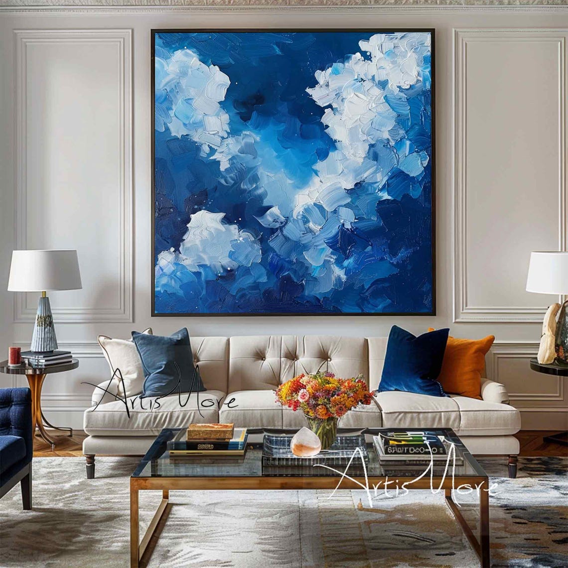Blue White Textured Cloudscape Abstract Sky Impasto Canvas Poster - Image 5