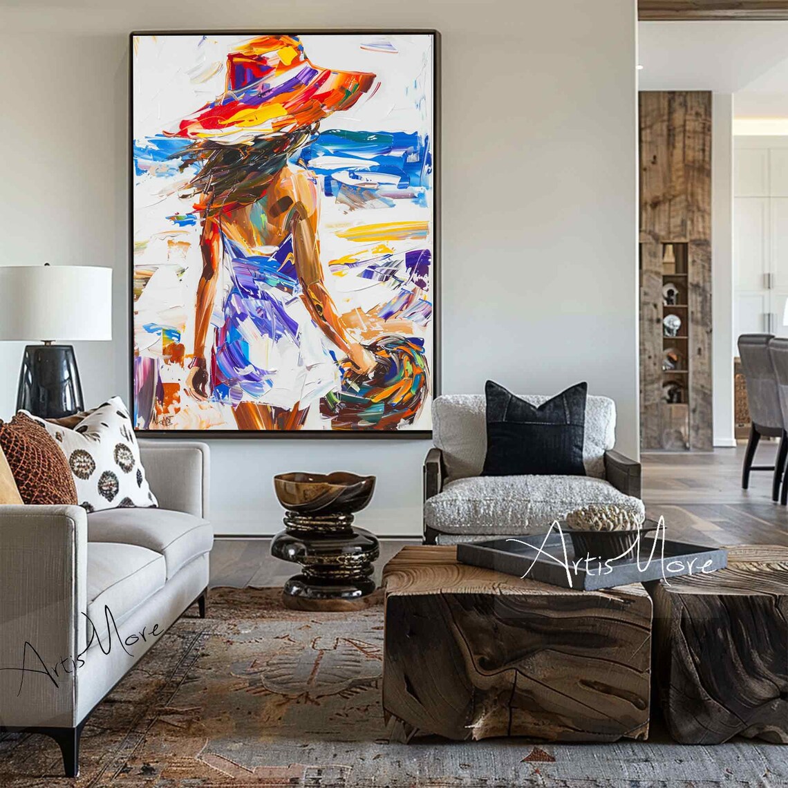 Colorful Woman in Hat Flowing Dress Abstract Figure Painting Joyful Wall Art - Image 5