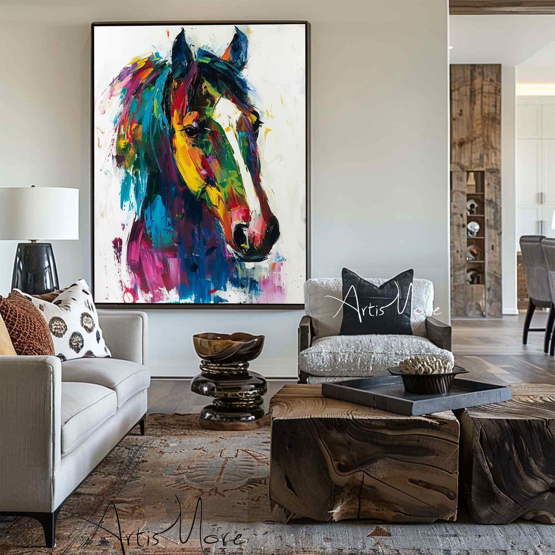 Colorful Abstract Horse Head Painting Rainbow Equine Portrait Wall Art - Image 2
