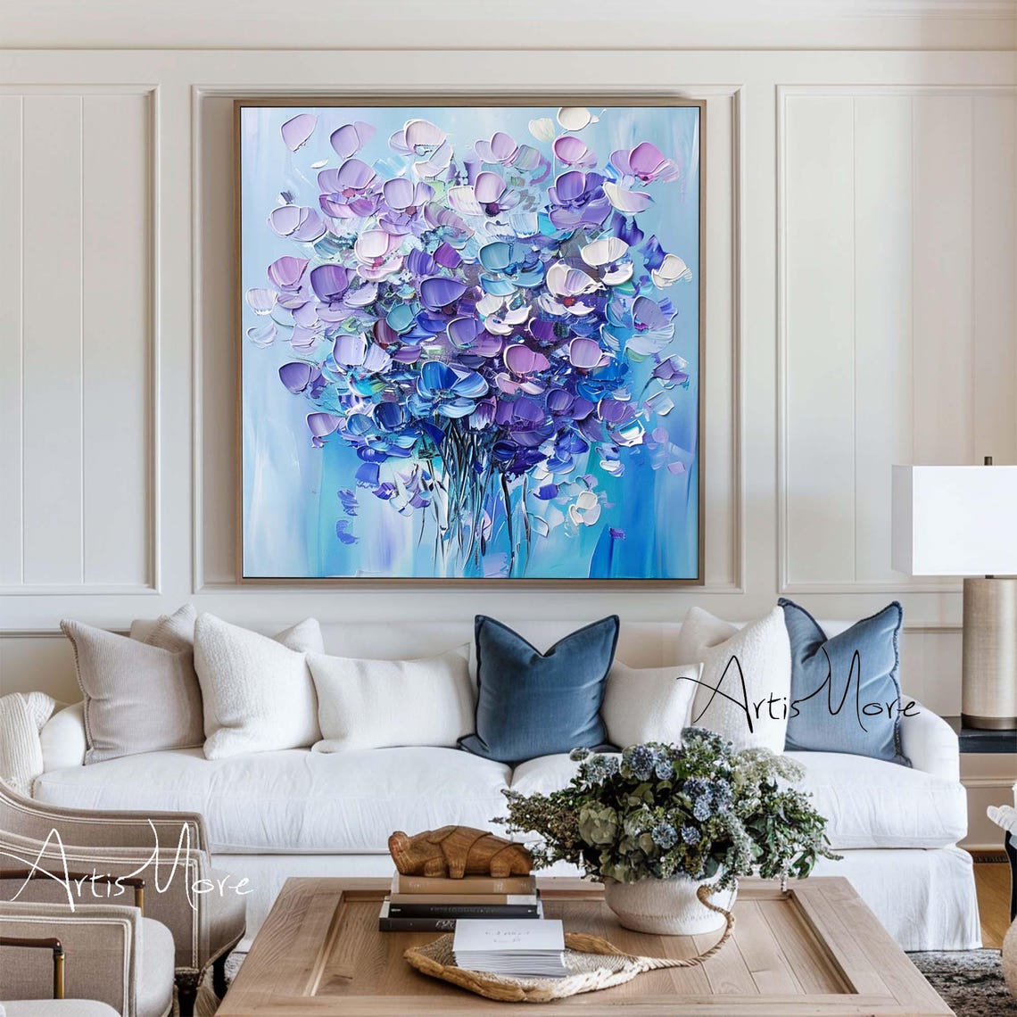 Purple Blue Abstract Floral Bouquet Impasto Texture Canvas Wall Poster - Image 5