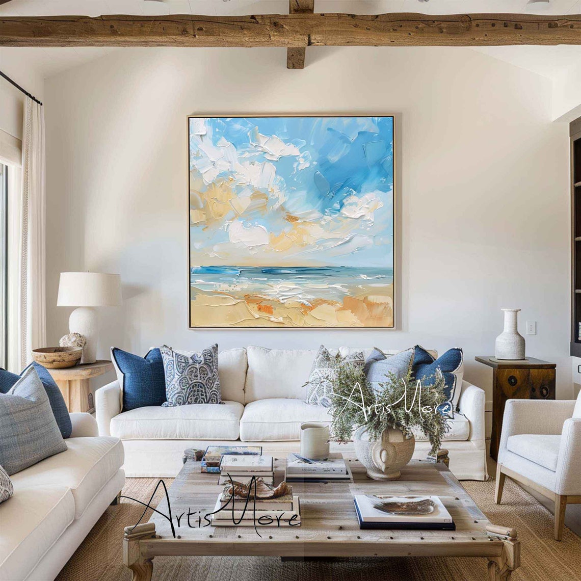 Abstract Beach Painting Blue Cloudy Sky Beige Sand Coastal Wall Art - Image 2