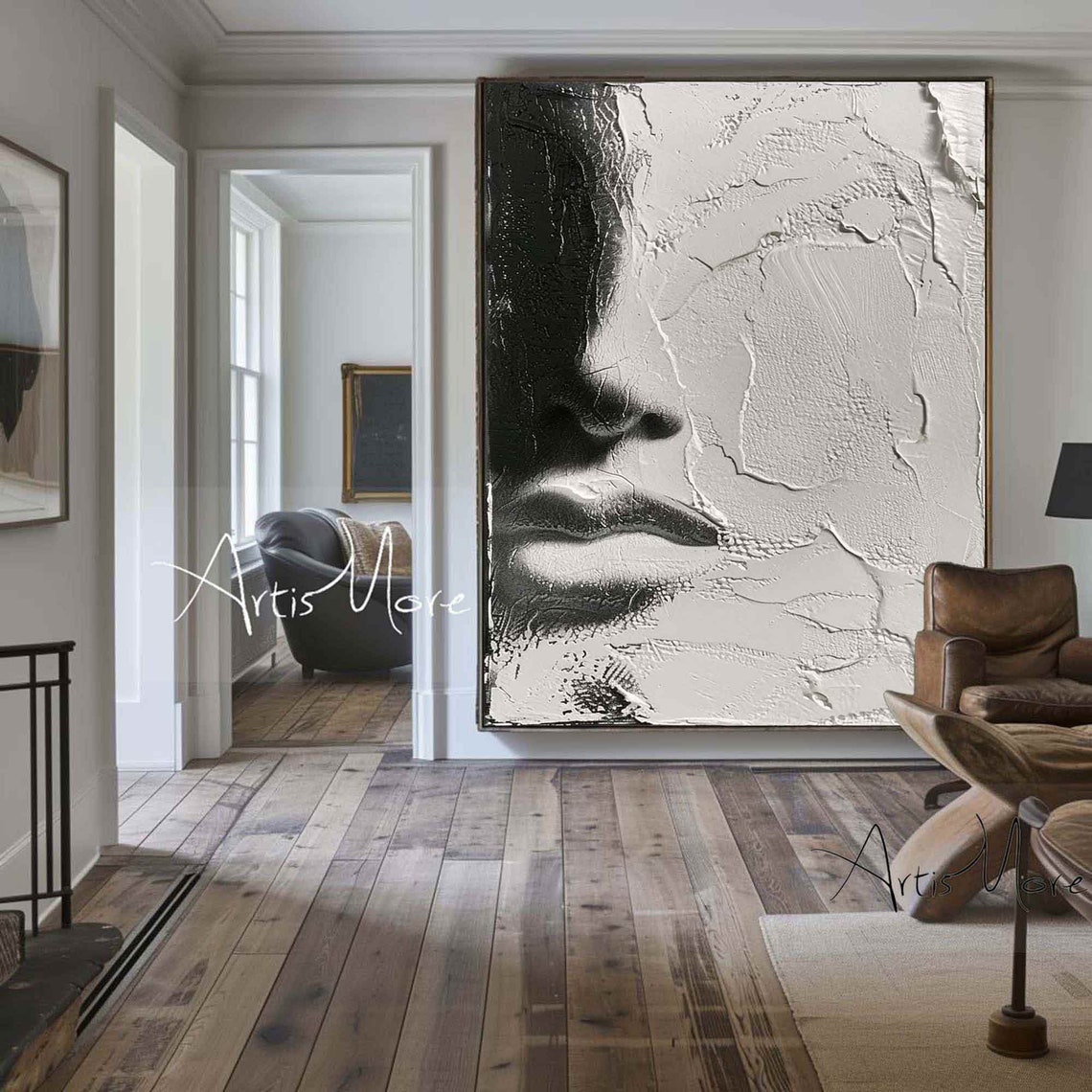 Black White Woman Face Painting Abstract Portrait Wall Art Female Woman Figure Painting Modern Texture Painting Contemporary Wall Art Decor - Image 5