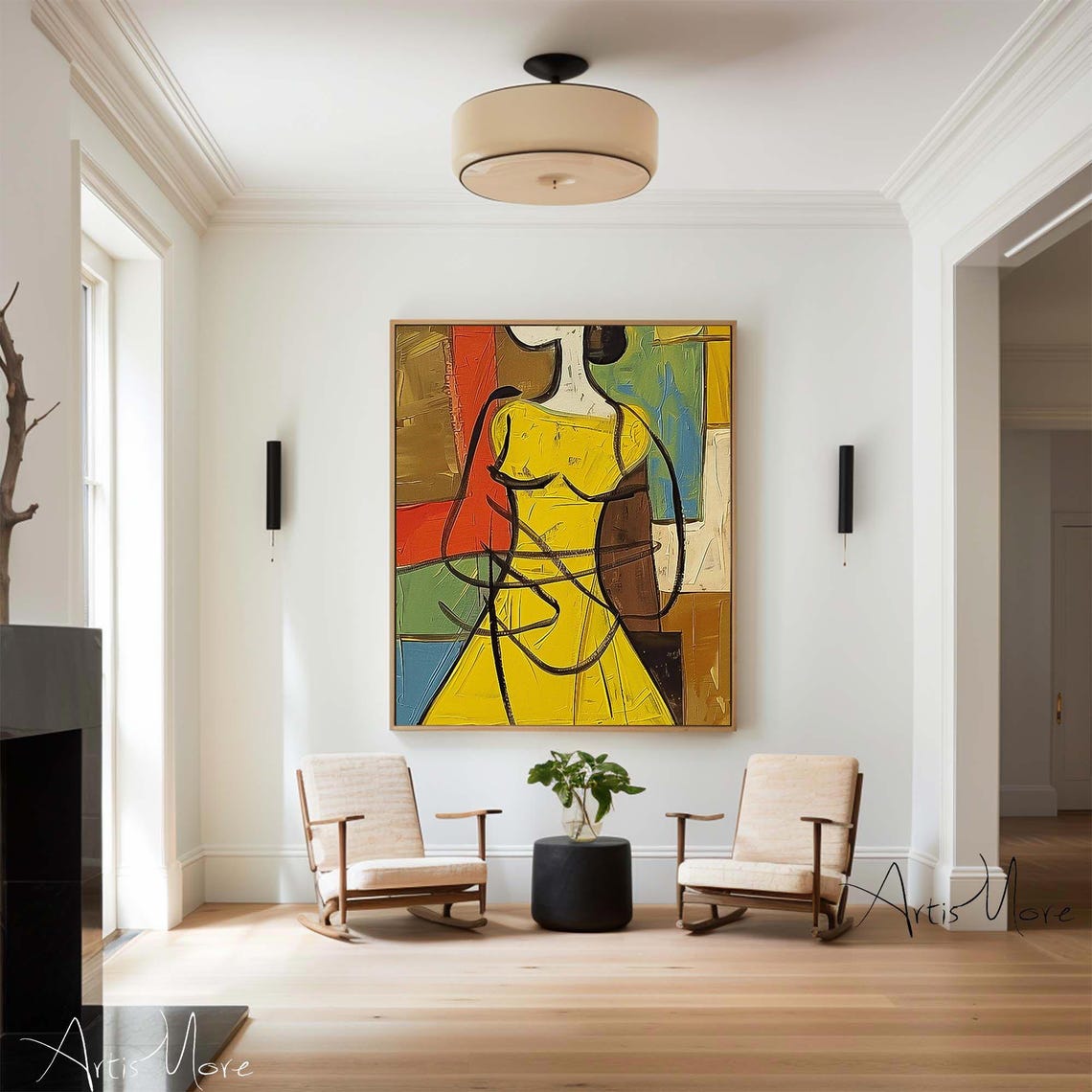 Faceless Abstract Woman Yellow Dress Cubist Modern Canvas Poster - Image 3