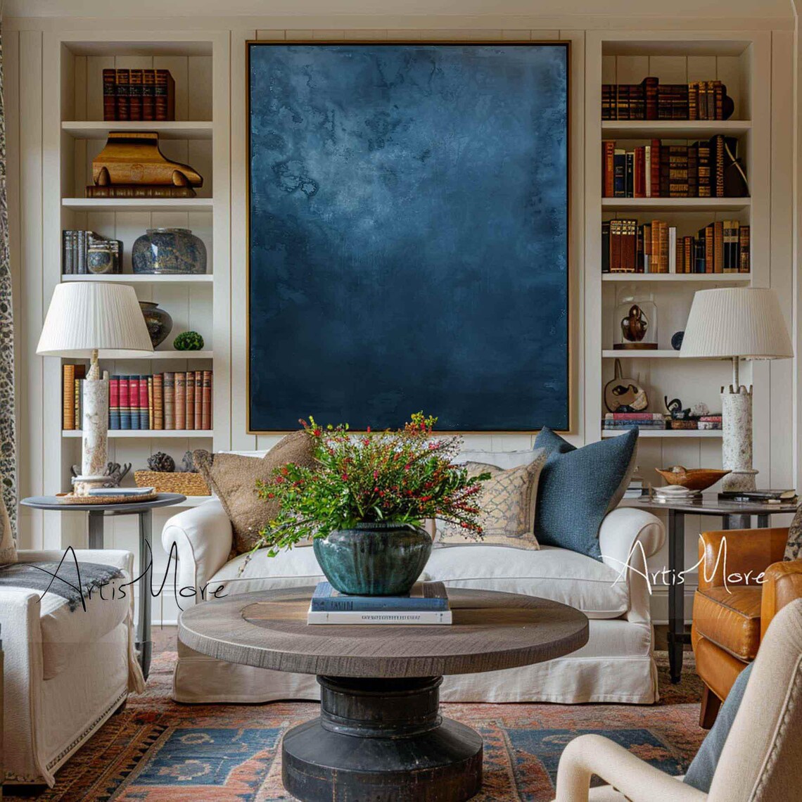 Deep Navy Blue Abstract Texture Painting Dark Midnight Modern Minimalist Wall Art - Image 4