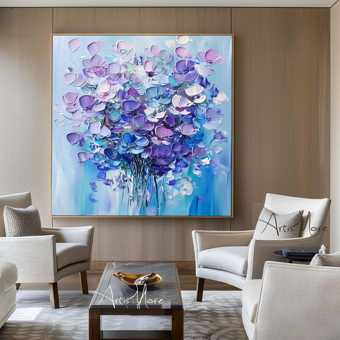 Purple Blue Abstract Floral Bouquet Impasto Texture Canvas Wall Poster - Image 4