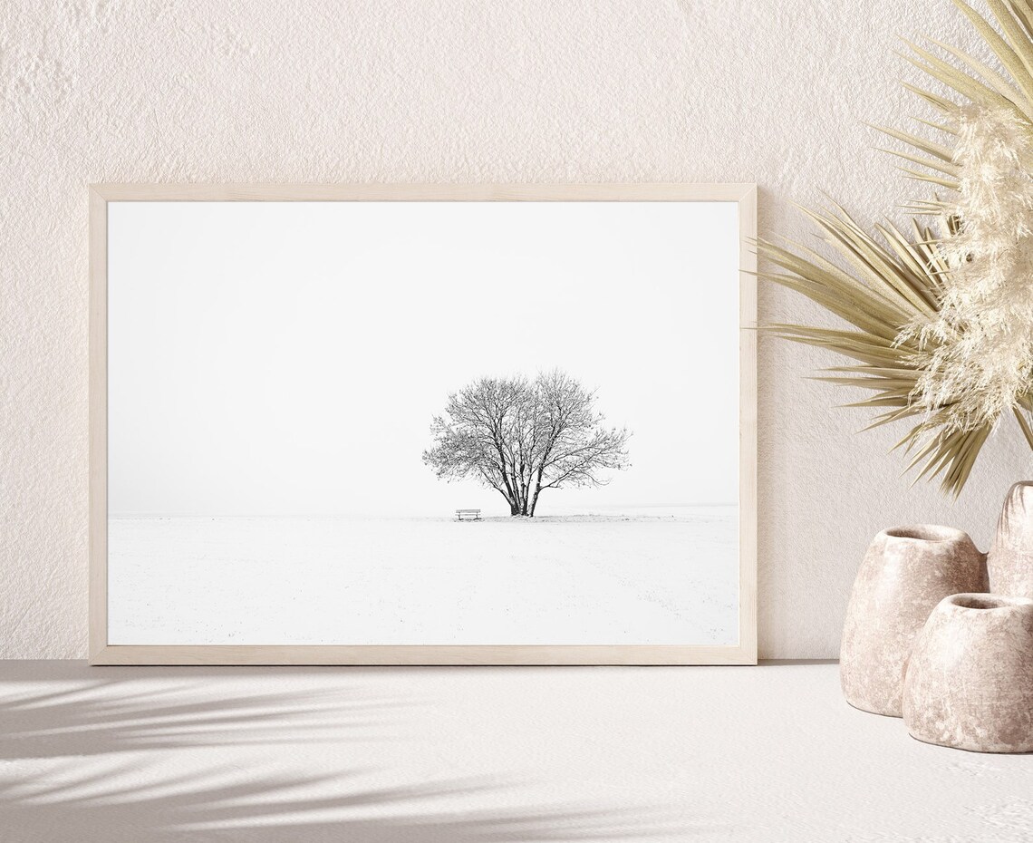 Lone Bare Tree In Vast Snowy Field Minimalist Winter Photo Poster - Image 3