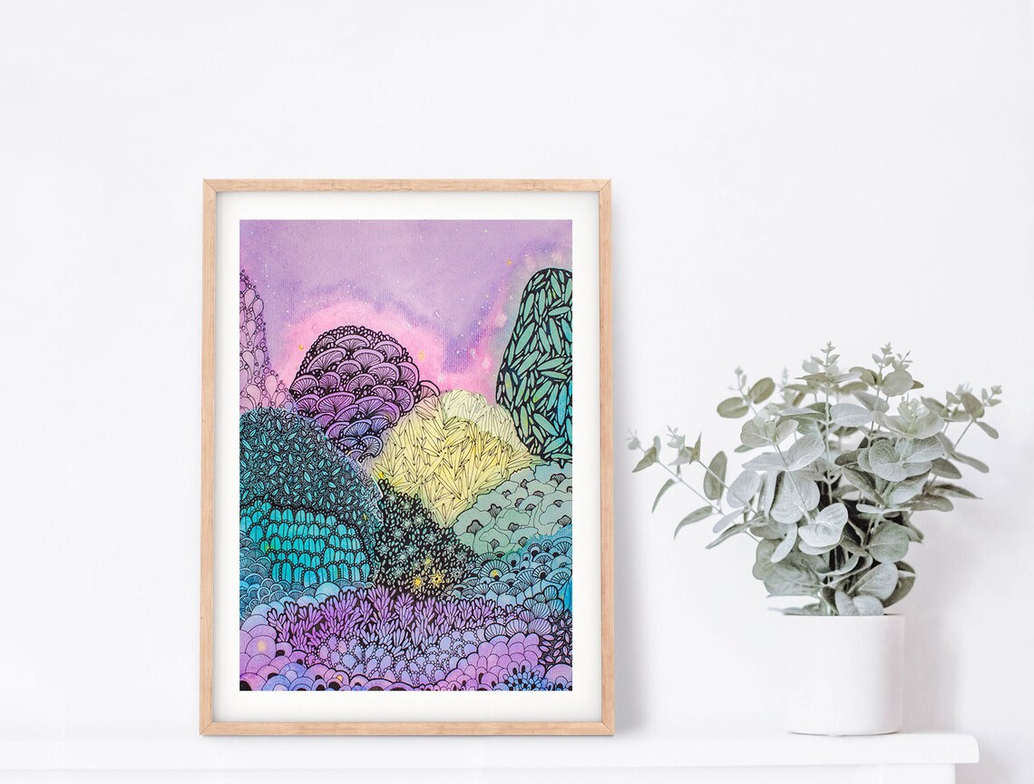 Purple Teal Doodle Mountain Landscape Zentangle Style Art Poster
