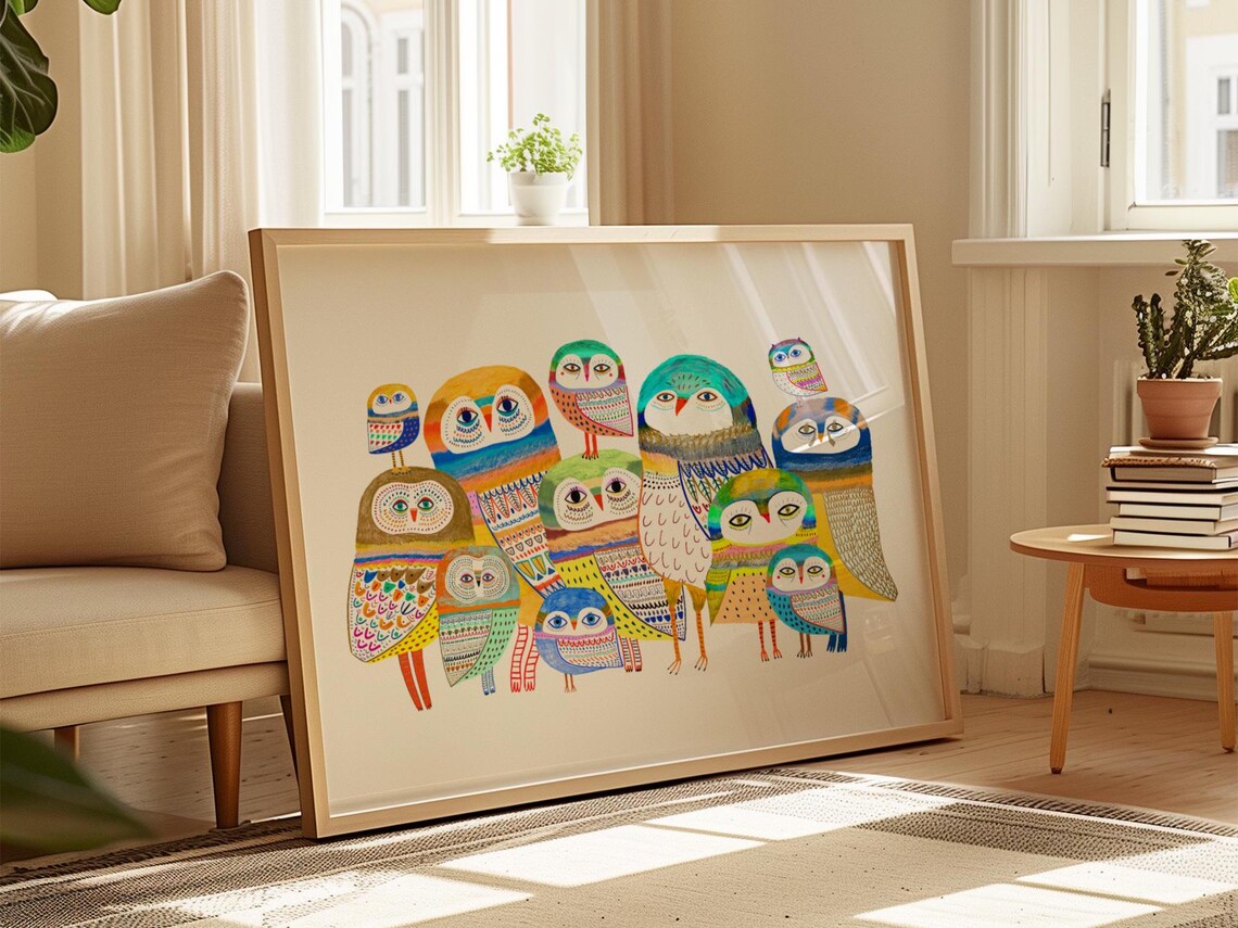 Owl Gathering Art Print, Whimsical Kids Decor