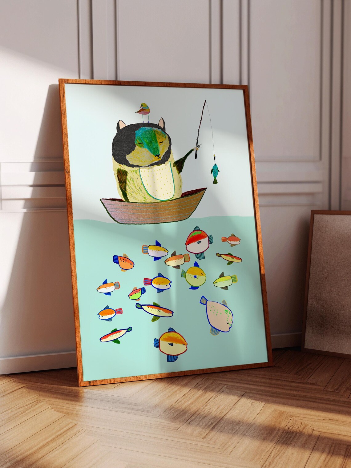 Fishing Bear Art Print, Nursery Wall Art
