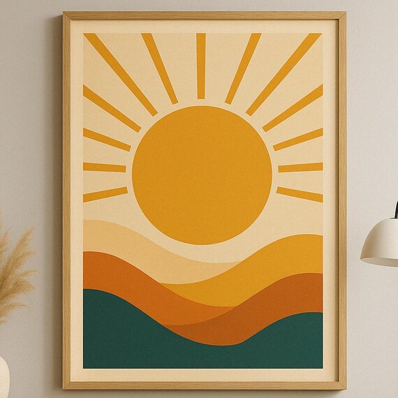 Retro Sunset Abstract Wall Art Earth Tone Landscape Mid Century Modern Art Minimalist Sun Illustration For Cozy Decor