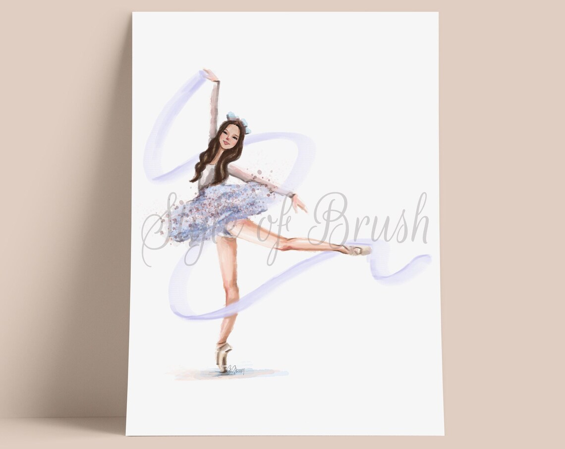 Ballerina Dancing Watercolor Art Poster with Blue Tutu and Ribbon