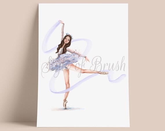 Ballerina Dancing Watercolor Art Poster with Blue Tutu and Ribbon