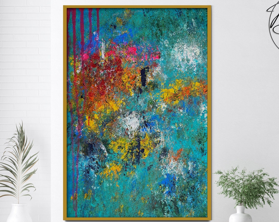 Teal Abstract Colorful Splatter Pink Yellow Orange Art Wall Print