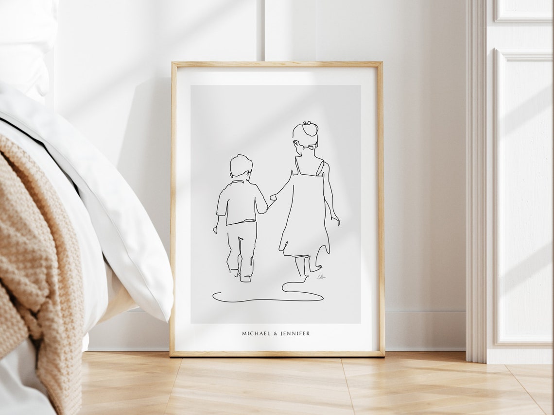 Personalised Brother and Sister Walking Together Line Art Print - Image 2