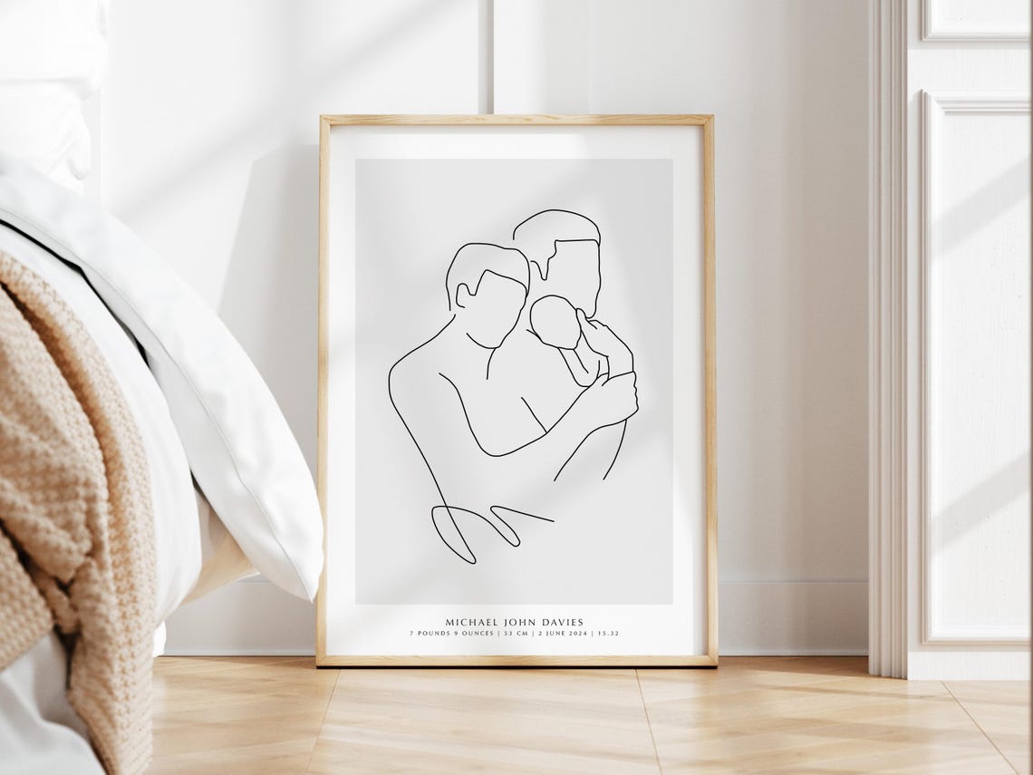 Personalised Newborn Baby Portrait with Birth Stats Line Art Poster - Image 2