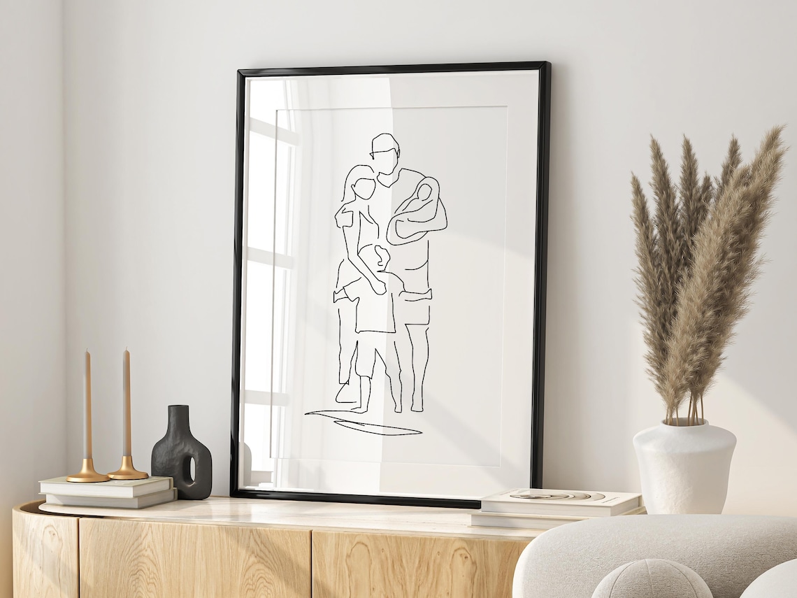 Family of Four Dad Holding Baby Continuous Line Drawing Poster - Image 2