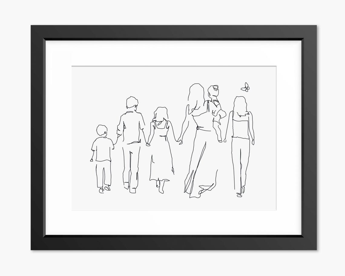 Happy Family of Five with Butterfly Walking Away Line Art Poster