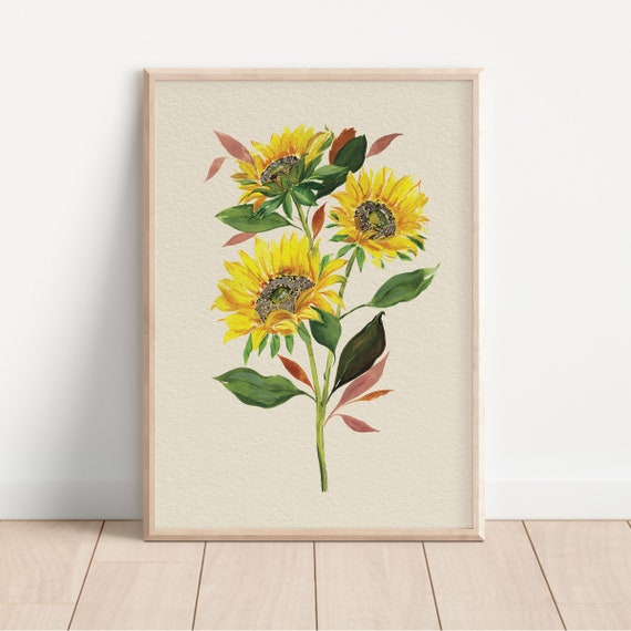 Autumnal Neutral Sunflower Art Print, Rustic Botanical
