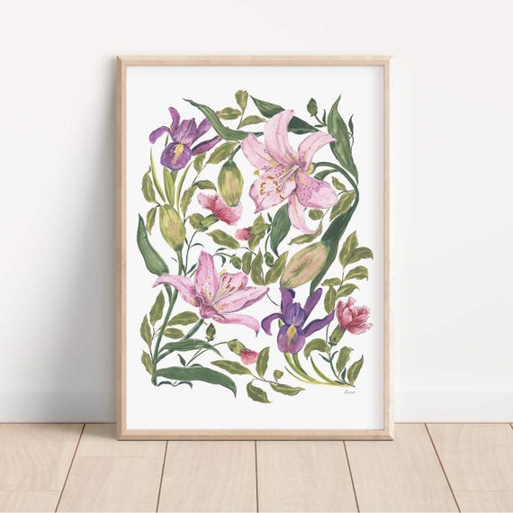 Lily, Carnation & Iris Modern Cottagecore Art Print