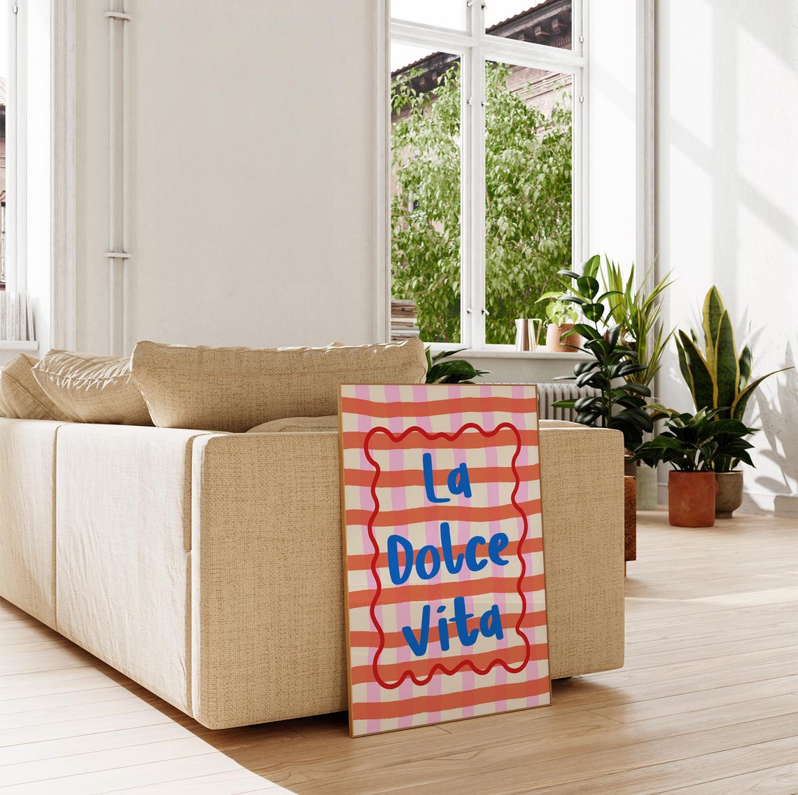 La Dolce Vita Poster Blue Script Orange Pink Gingham Coastal Quote