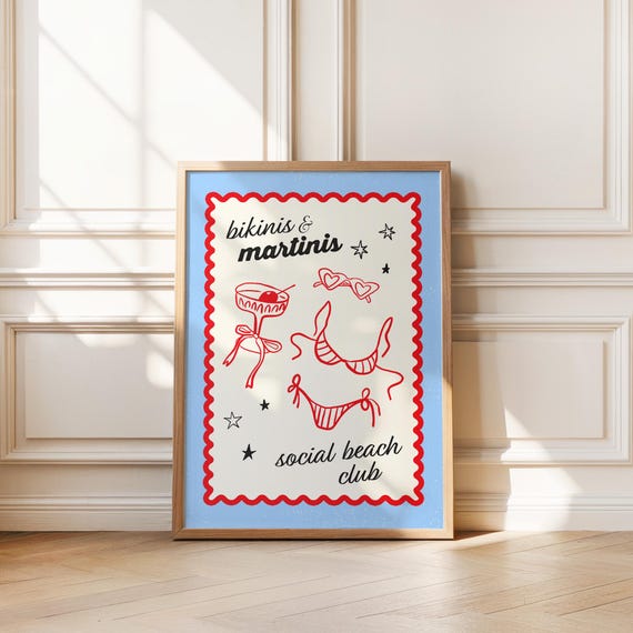 Martinis And Bikinis Print Trendy Wall Art Home Decor Retro Cute Girly Blue European Summer