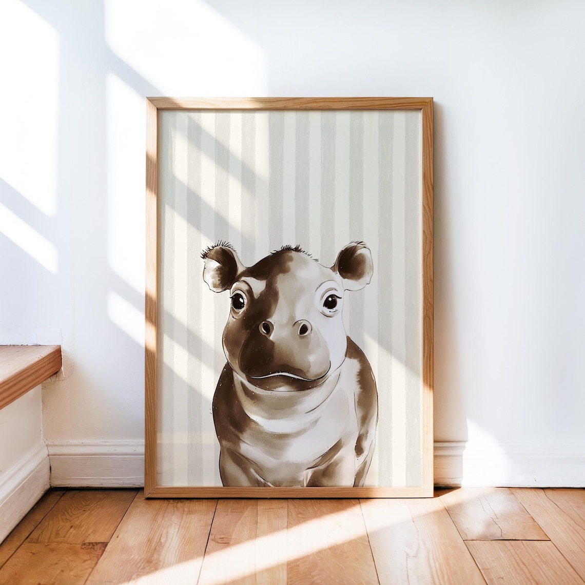 Baby Hippopotamus Sepia Watercolor Nursery Portrait Animal Wall Art
