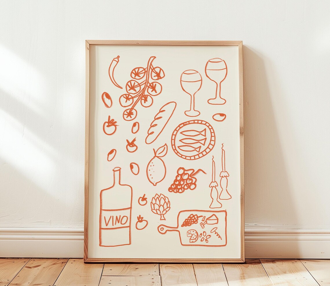 Retro Dinner Table Art Print, Kitchen Illustration