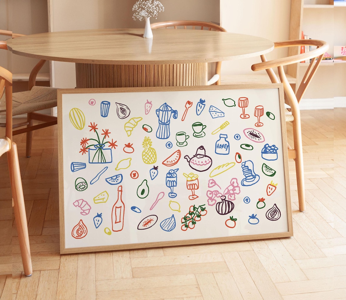 Retro Breakfast Table Hand Drawn Food Icons Colorful Kitchen Poster