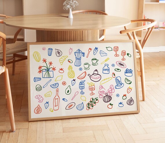 Retro Breakfast Table Print Food And Drinks Illustrations Poster Trendy Kitchen Wall Art Apartment Decor Colorful Foodie