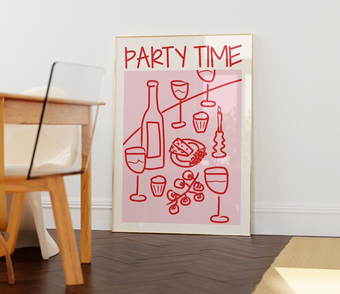 Party Time Wine And Cheese Hand Drawn Retro Kitchen Art Print