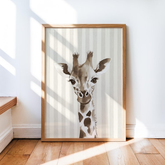 Baby Giraffe Watercolor Portrait on Beige Stripes Nursery Poster