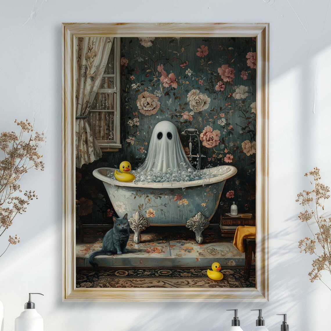 Ghost With Rubber Duck Bath Art, Gray Cat Print