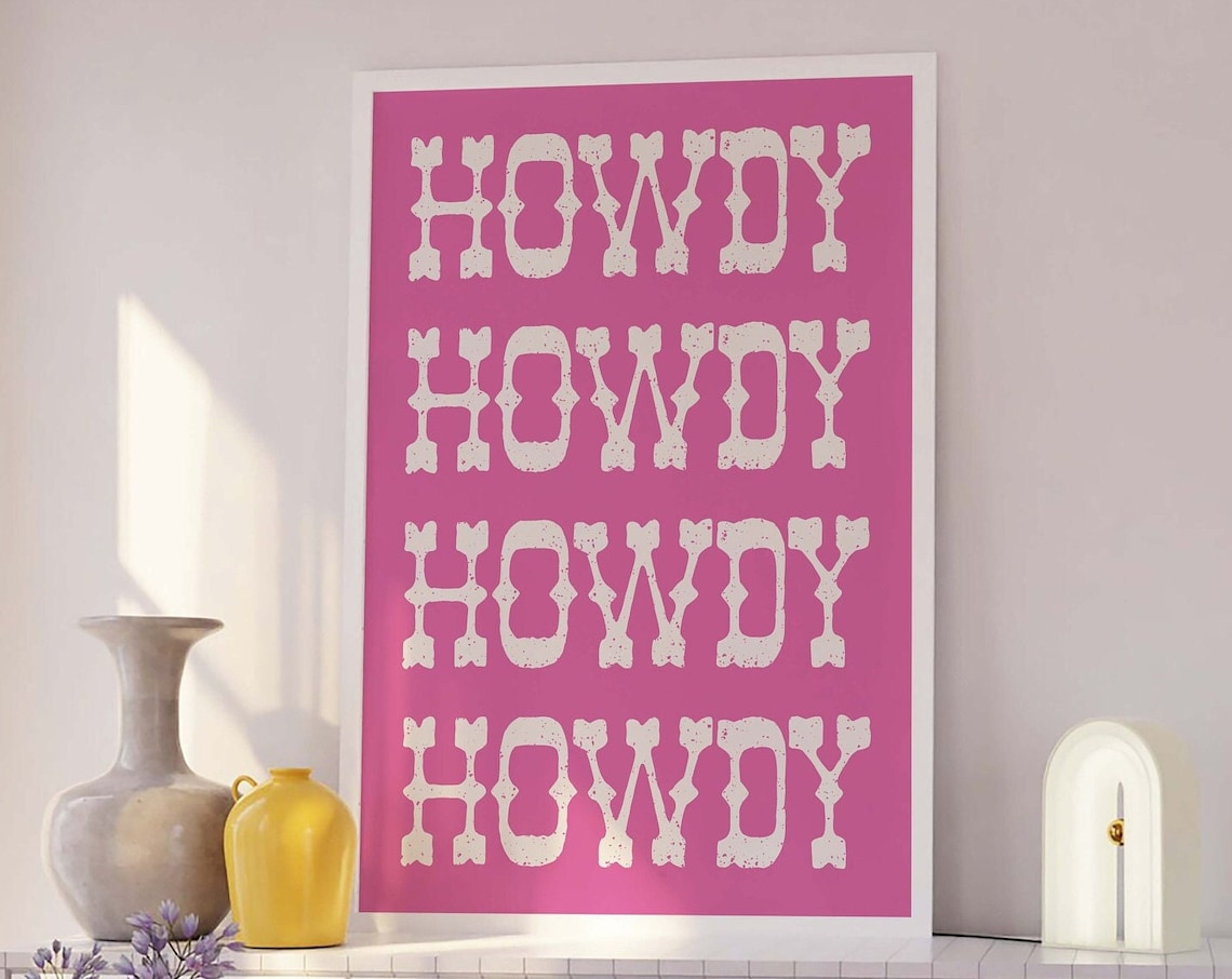 Howdy Western Lettering Pink Repeat Typography Retro Art Poster