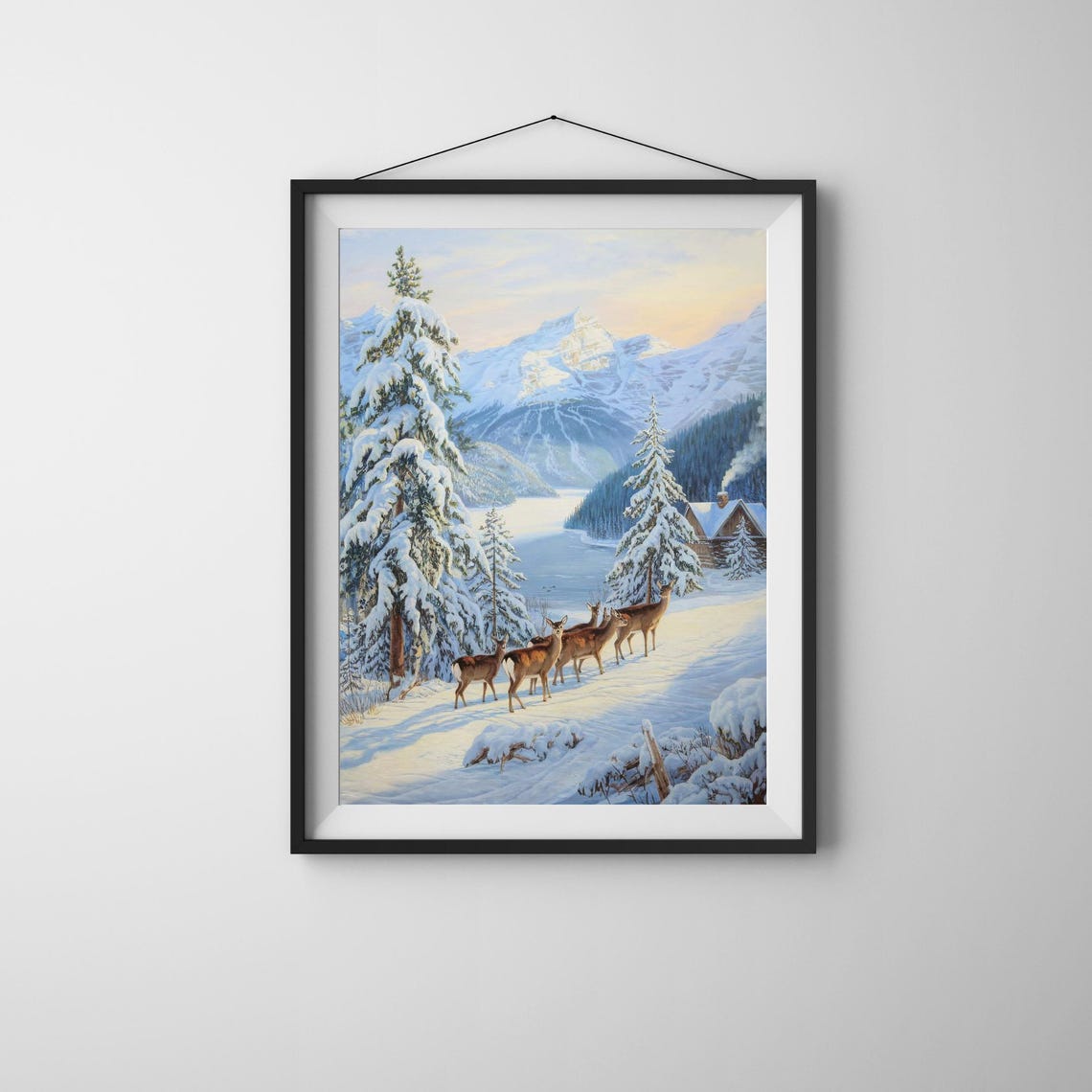 Winter Cabin Art Snowy Deer Landscape Print Rustic Mountain Wall Decor Cozy Scene Forest Wildlife Poster