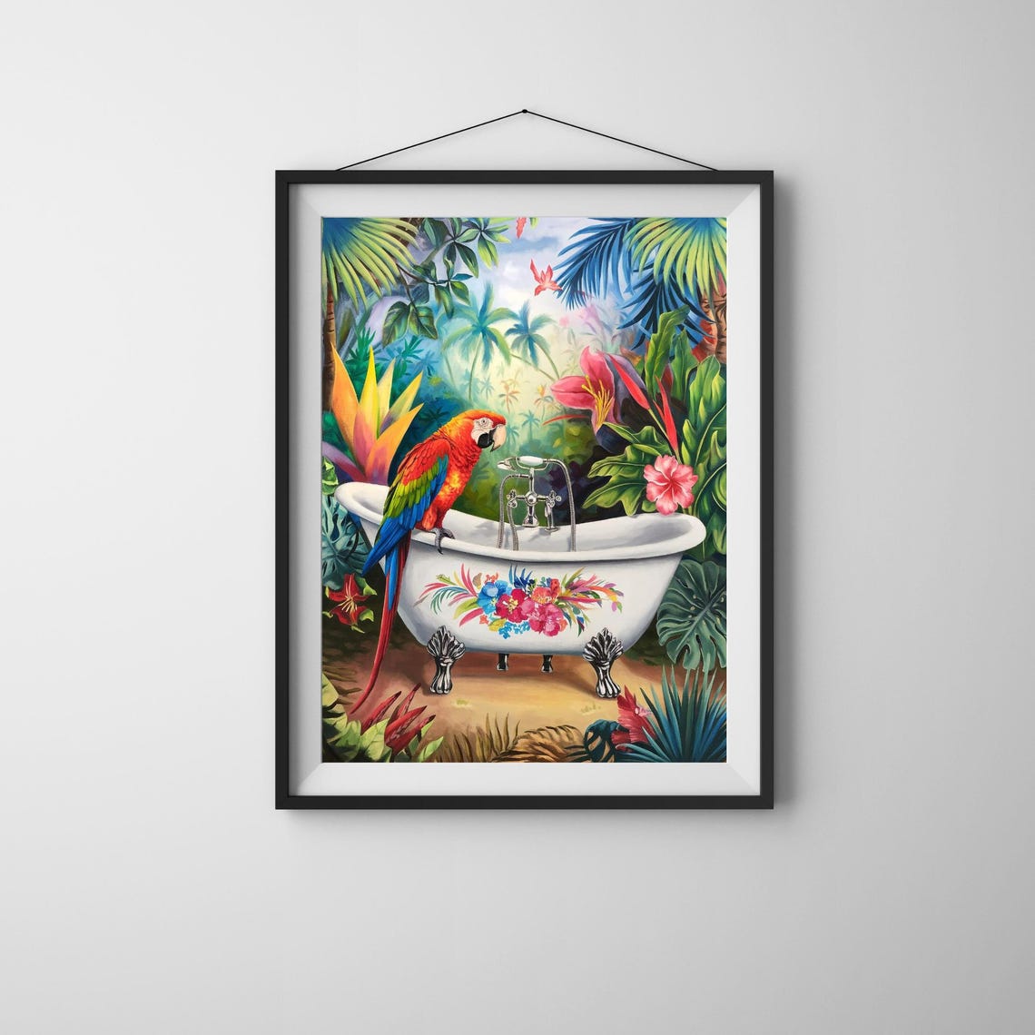 Scarlet Macaw on a Floral Bathtub in Tropical Jungle Art Poster
