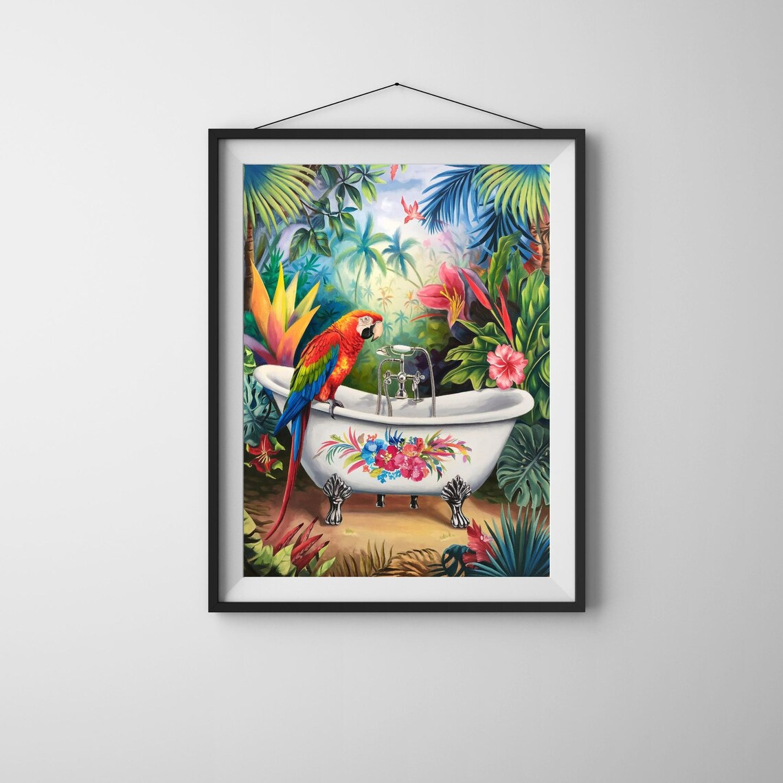 Tropical Parrot Wall Art Jungle Bathroom Print Colorful Bird Poster Exotic Animal Decor Bath Artwork