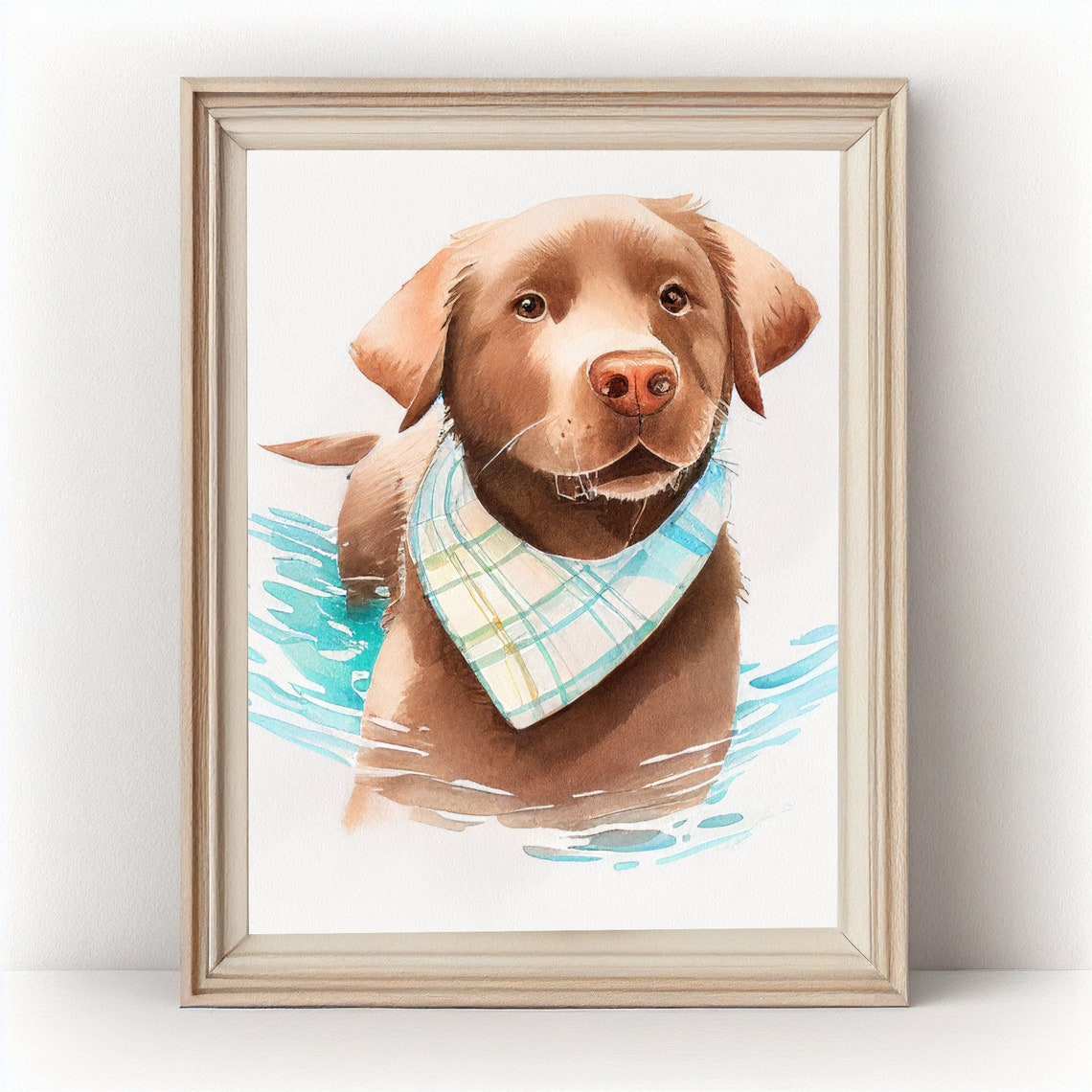 Chocolate Labrador Puppy Watercolor Plaid Bandana Dog Portrait Print