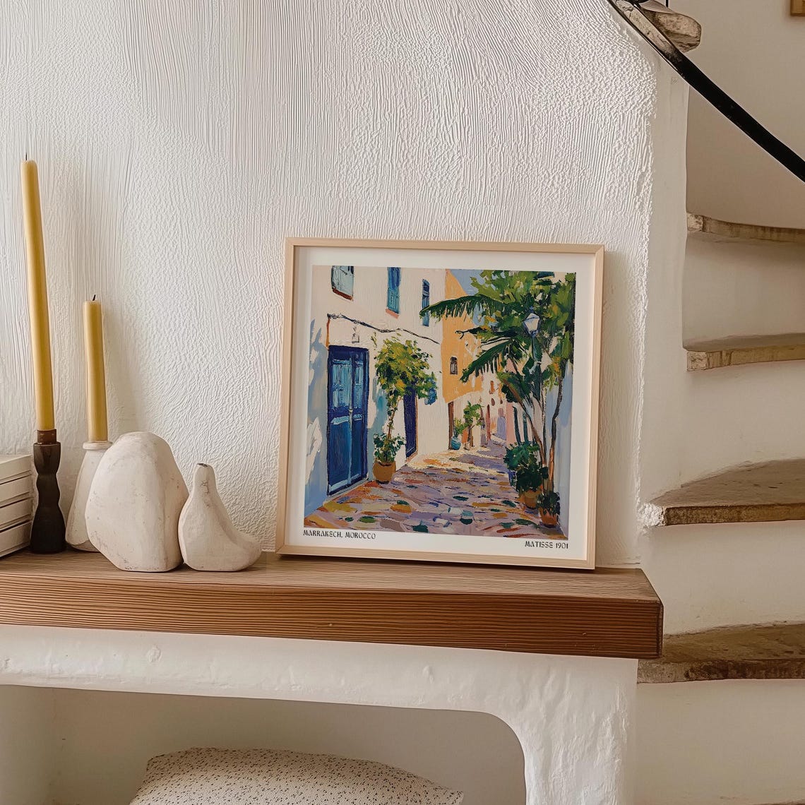 Morocco Wall Art Colorful Marrakech Alleyway With Blue Doors And Tropical Greenery Painterly Travel Print Inspired By Matisse - Image 2