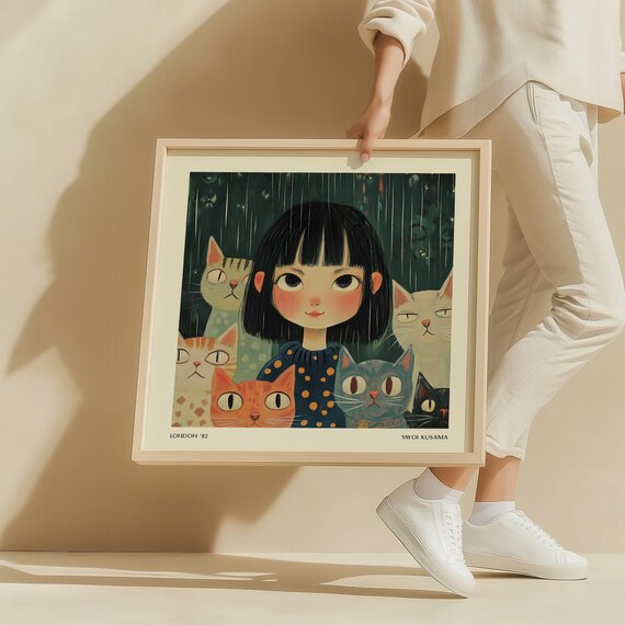 Sweet Girl Surrounded by Her Cats in the Rain Whimsical Poster