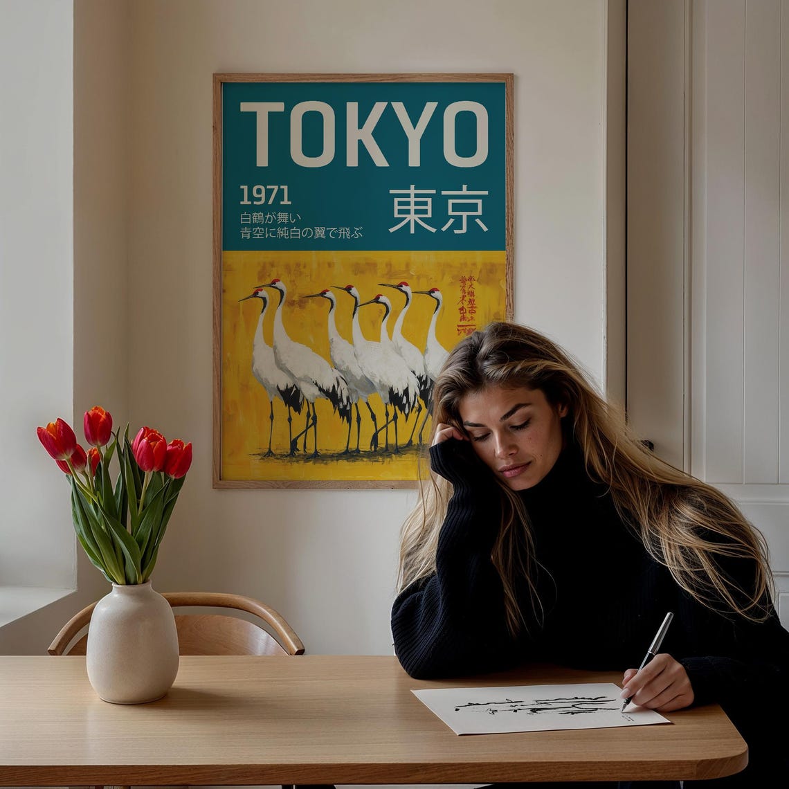 Tokyo 1971 Vintage Japanese Red Crowned Cranes Retro Travel Poster - Image 3