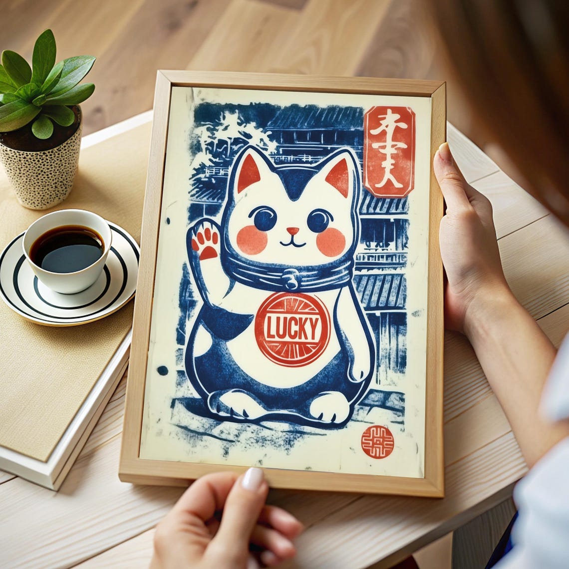 Lucky Cat Maneki Neko Japanese Woodblock Style Blue Art Poster - Image 4