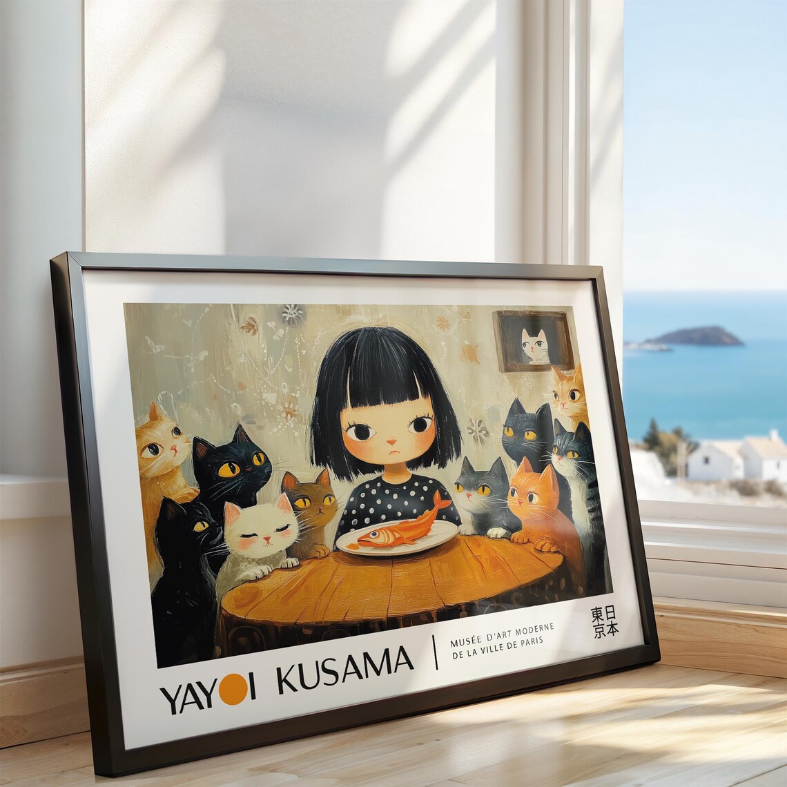 Yayoi Kusama Girl Dining With Cats Adorable Paris Style Exhibition Poster - Image 3